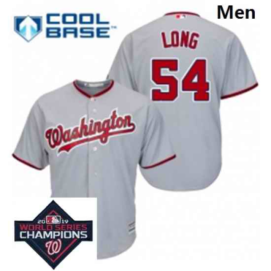 Mens Majestic Washington Nationals 54 Kevin Long Grey Road Cool Base MLB Stitched 2019 World Series Champions Patch Jersey